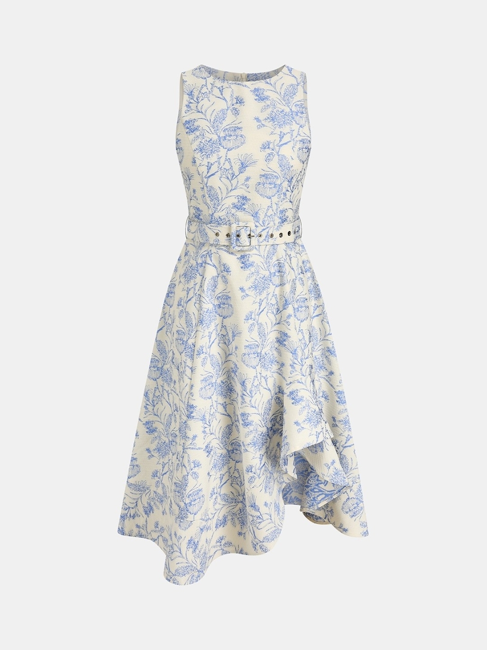 Commense Blue & Cream Floral High-Low Belted Dress
